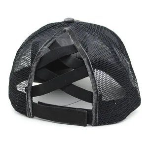 Distressed charcoal grey high ponytail baseball cap with criss-cross elastic bands