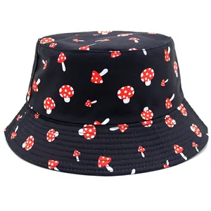 Bob unisexe en coton noir avec imprimé champignon créatif pour une protection solaire chic