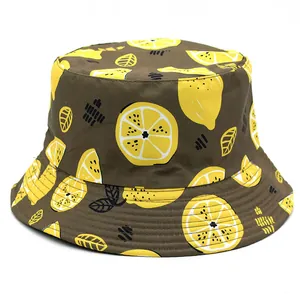 Reversible Cotton Bucket Hat With Lemon Print Casual Sun Protection Outdoor Fishing Cap Men Women Summer Sunshade Hat