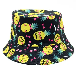 Chapeau Bob Réversible Imprimé Ananas Dessin Animé Unisexe en Coton Protection Solaire pour Voyage Extérieur Plage Homme Femme