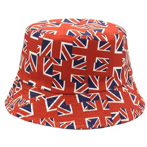 Unisex Union Jack printed bucket hat with red white and blue British flag pattern