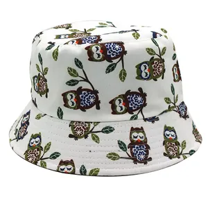 Reversible Cartoon Owl Print Bucket Hat For Women Men Sun Protection Breathable Cotton Polyester Fisherman Hat Outdoor Beach
