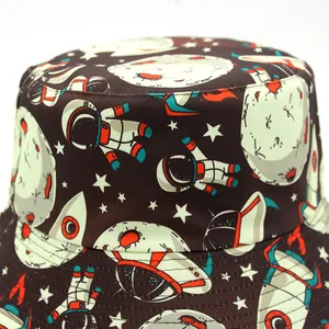 Space exploration themed bucket hat with astronaut and planet cartoon prints for sun protection