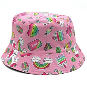 Double Sided Cartoon Unicorn Rainbow Print Bucket Hat Cotton Polyester Reversible Sun Protection Outdoor Travel Fisherman Hat For Kids