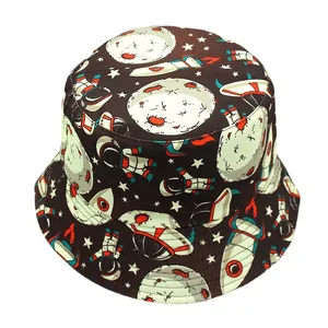 Black bucket hat with astronaut and rocket cartoon print for outdoor sun protection