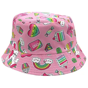 Pink sun bucket hat featuring cute cartoon unicorns and rainbow prints on white background