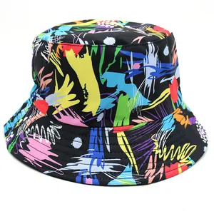Unisex Reversible Graffiti Print Bucket Hat Cotton Foldable Sun Protection Fisherman Cap Streetwear Hip Hop Outdoor Beach Hat