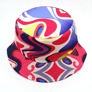 Outdoor sun protection bucket hat featuring colorful abstract fluid pattern and reinforced brim