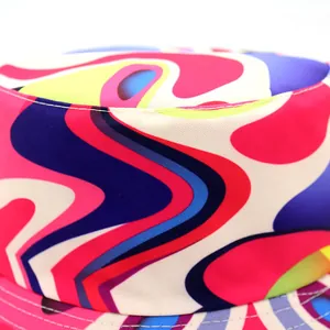 Colorful abstract print bucket hat with psychedelic patterns and vibrant outdoor style