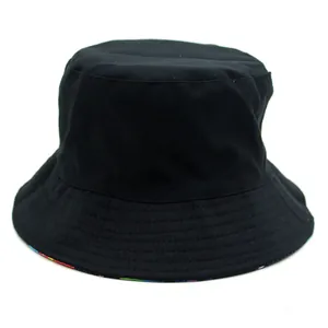 Classic reversible black bucket hat with colorful graffiti print lining for sun protection