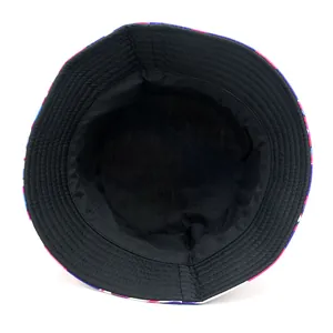Outdoor color-block bucket hat with geometric patterns and black inner lining