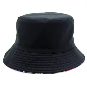 Black cotton bucket hat with reinforced brim and color block patterned lining