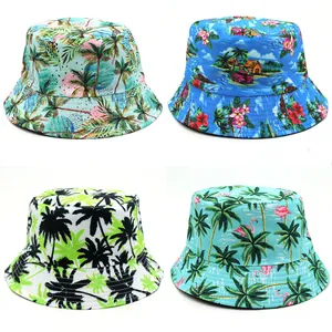 Chapeau Bob Réversible en Coton Unisexe Imprimé Tropical Cocotier Flamant Rose Protection Solaire Plage Été