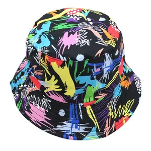 Unisex graffiti print bucket hat with colorful abstract patterns on black canvas