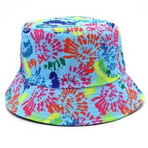 Close-up of vibrant tie-dye bucket hat showing detailed fabric texture and colorful patterns