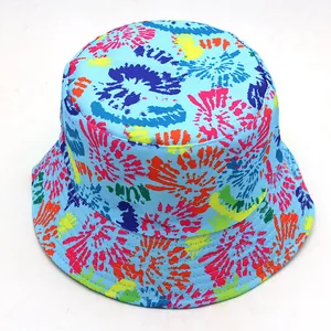 Detailed close-up showing the colorful tie-dye patterns and high-quality stitching of the bucket hat