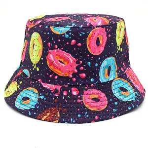 Unisex Cotton Donut Print Bucket Hat Double Sided Reversible Summer Sun Protection Outdoor Beach Fashion Fisherman Cap