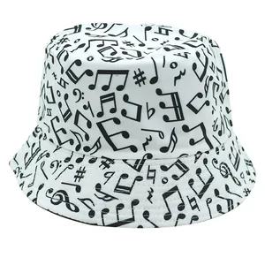Chapeau Bob Unisexe Imprimé Notes de Musique Mode Streetwear Décontracté Protection Solaire en Mélange de Coton Blanc