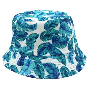 Tropical Leaf Print Bucket Hat Double Sided Sun Protection Cotton Fisherman Cap For Women Men Beach Travel Outdoor Accessories