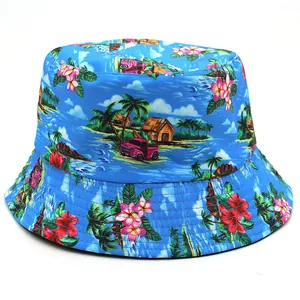 Bob réversible bleu avec imprimé tropical de palmiers et fleurs pour protection solaire