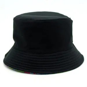 Classic black cotton bucket hat with colorful graffiti printed lining and wide brim