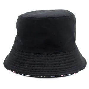 Chapeau bob classique noir en coton avec doublure à fleurs pour protection solaire
