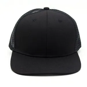 Classic black flat brim trucker hat with mesh back and adjustable snapback closure