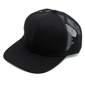 Unisex black hip-hop flat brim trucker hat with breathable mesh back and solid front