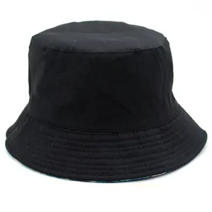 Double-sided black cotton bucket hat with creative blue leaf print for sun protection