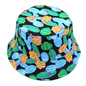 Reversible bucket hat with cactus and floral print on black canvas for sun protection