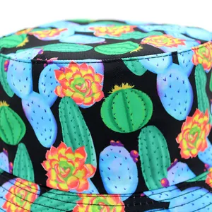 Reversible bucket hat with vibrant neon cactus print on black fabric for sun protection