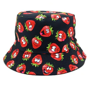 Cartoon Strawberry Print Double-Sided Wearable Bucket Hat Cotton Polyester Sunshade Outdoor Fisherman Hat For Unisex