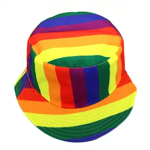 Rainbow striped bucket hat with colorful vertical patterns for outdoor sun protection