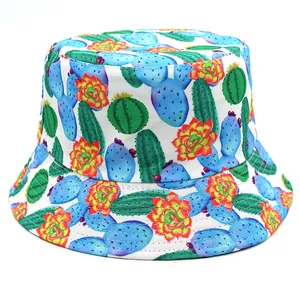 Close-up of vibrant cactus and floral print on white canvas reversible bucket hat fabric