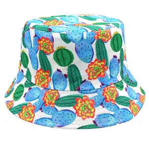 Reversible bucket hat featuring green cactus and floral prints for sun protection