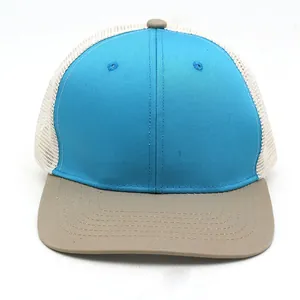 Front view of hip-hop flat brim hat with blue panels and breathable mesh mesh back