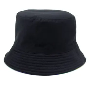 Classic black bucket hat for men and women featuring a rainbow printed inner lining