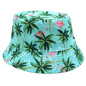 Bob réversible avec imprimé flamant rose et palmier tropical sur toile bleu clair