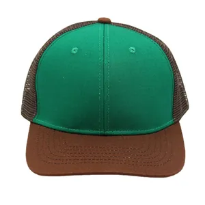 Classic green and brown two-tone trucker hat with mesh back and adjustable closure