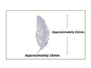 Detailed dimensions of sparkling crystal feather brooch measuring 62mm by 26mm