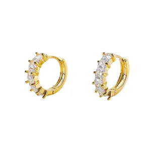 Irregular geometric gold-plated hoop earrings with micro-set rectangular cubic zirconia