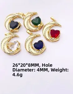 Multi-color heart and crescent moon zircon pendants with 26x20x8mm size specifications