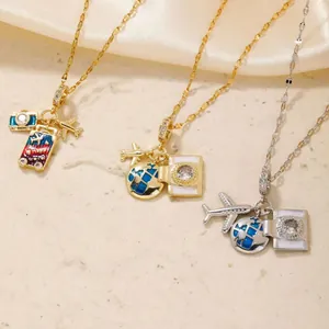 Travel Theme Copper Zirconia Pendant Necklace For Women Airplane Globe Camera Suitcase Enamel Drip Oil Fashion Jewelry Gift