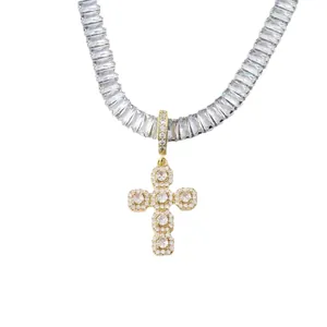 Gold iced out cross pendant necklace with rectangular zircon stones for men and women