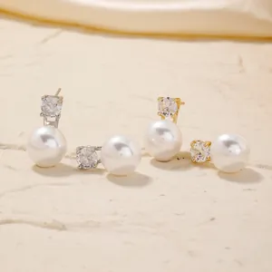 Elegant stainless steel pearl and zircon stud earrings in gold and silver finishes