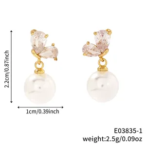 Detailed size specifications for pearl and zircon earrings in gold finish with dimensions