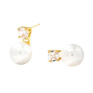 Elegant gold earrings with round white pearls and sparkling cubic zirconia studs