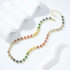 Luxurious rainbow heart necklace with colorful zircons and gold-plated chain links