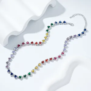 Rainbow heart gemstone necklace with gold plated settings and adjustable chain
