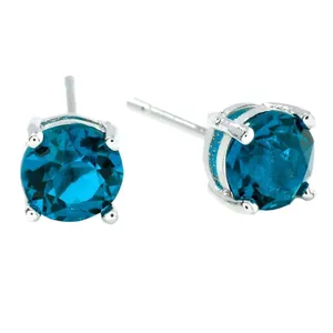 Unisex classic blue glass stud earrings with silver four-prong setting for daily wear